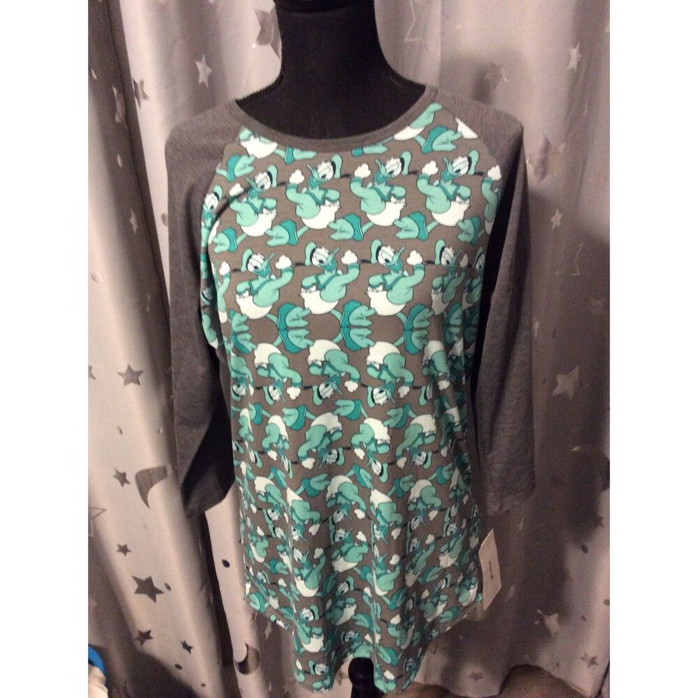 New NWT LuLaRoe Disney Donald Duck Print Baseball Top Large L Randy